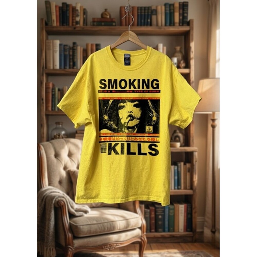 Smoking Kills Vintage Graphic Tee Yellow Y2K Grunge Streetwear Shirt
